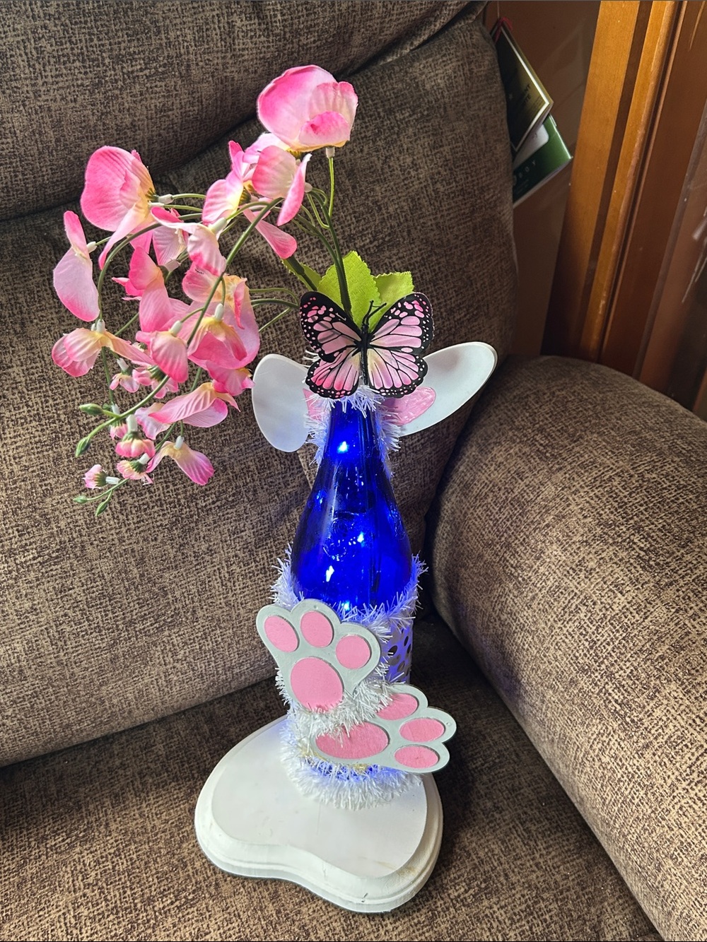 Pink Butterfly & Light-Up Blue Bottle Spring Holiday Decor Handmade